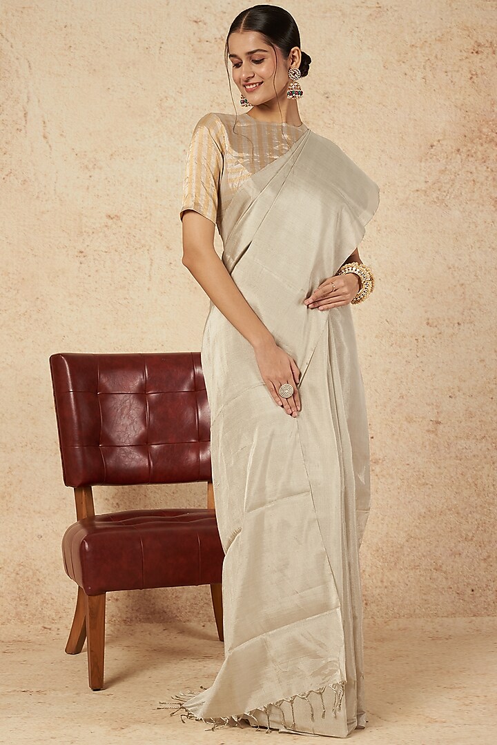 Silver Pure Handloom Zari Tissue Saree by Sheela Suthar Pret|Couture