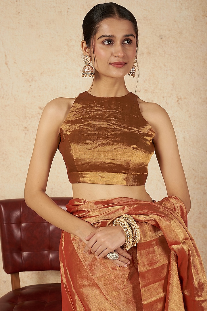Dark Gold Handwoven Zari Blouse by Sheela Suthar Pret|Couture