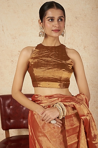 Dark Gold Handwoven Zari Blouse by Sheela Suthar