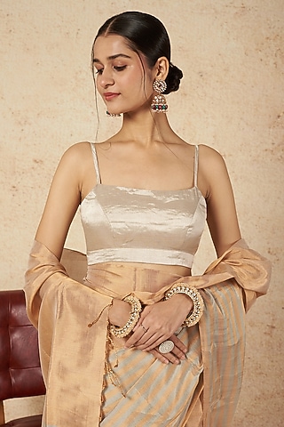 Silver Handwoven Zari Blouse by Sheela Suthar