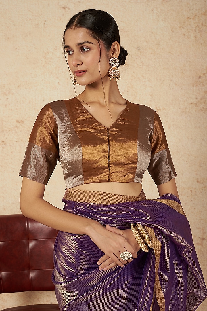 Dark Gold & Silver Handwoven Zari Blouse by Sheela Suthar Pret|Couture