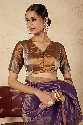 Dark Gold & Silver Handwoven Zari Blouse by Sheela Suthar