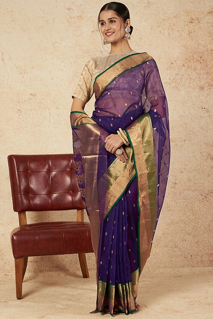 Ink Blue Handloom Silk Saree by Sheela Suthar Pret|Couture