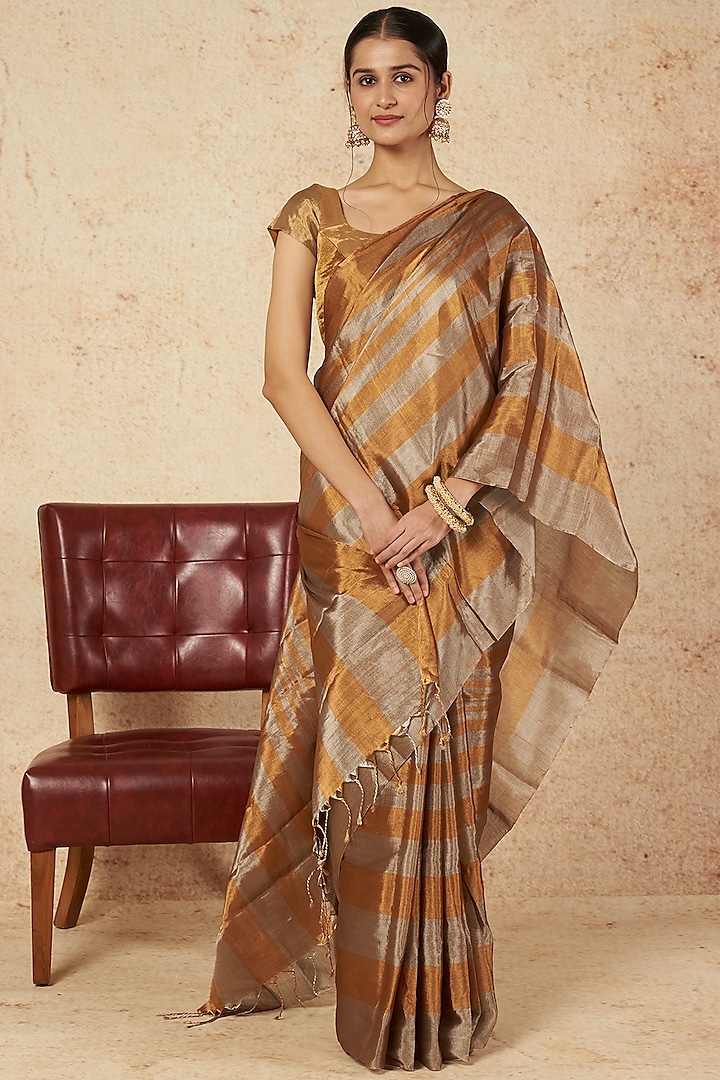 Gold & Silver Striped Handloom Zari Saree by Sheela Suthar at Pernia's Pop Up Shop