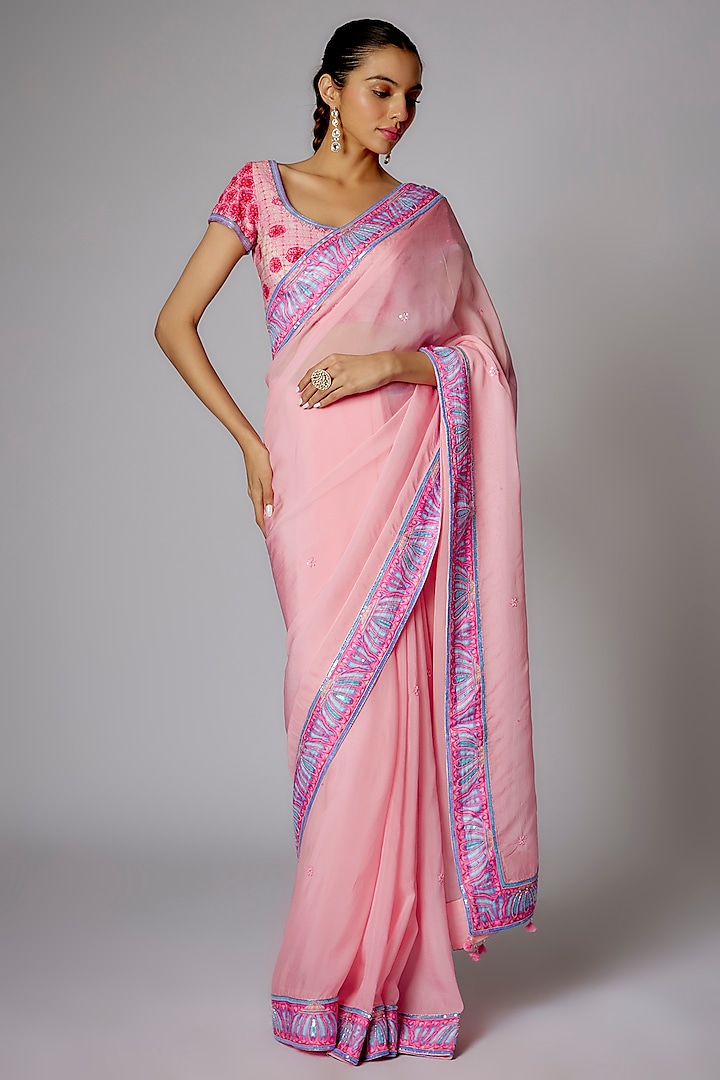 Pink Organza Hand Embroidered & Digital Printed Saree Set by Sheela Suthar Pret|Couture