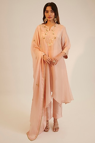 Peach Tissue Georgette Embroidered Kurta Set by Sheela Suthar