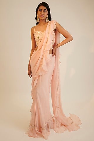 Peach Organza Embroidered Pre-Draped Saree Set by Sheela Suthar