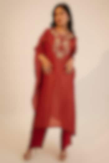 Red Tissue Georgette Embroidered Kaftan Kurta Set by Sheela Suthar Pret|Couture