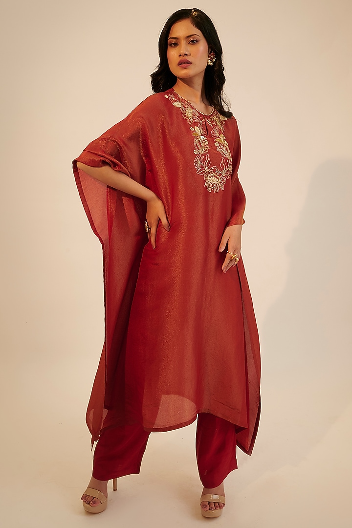 Red Tissue Georgette Embroidered Kaftan Kurta Set by Sheela Suthar at Pernia's Pop Up Shop