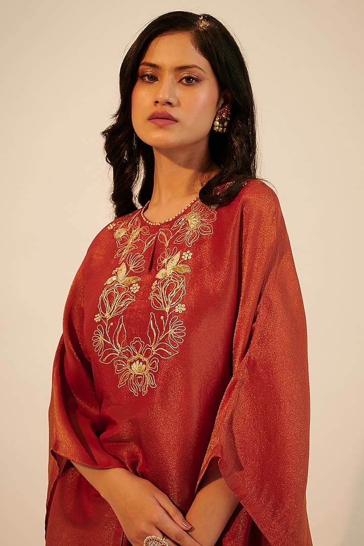 Red Tissue Georgette Embroidered Kaftan Kurta Set by Sheela Suthar at Pernia's Pop Up Shop