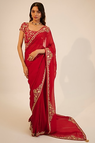 Red Organza Embroidered Saree Set by Sheela Suthar