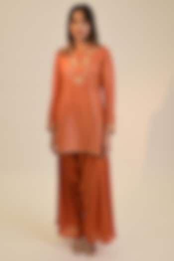 Rust Tissue Georgette Embroidered Short Kurta Set by Sheela Suthar Pret|Couture