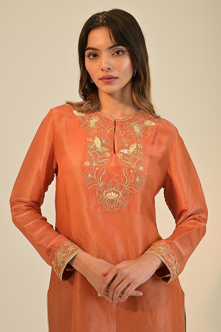 Rust Tissue Georgette Embroidered Short Kurta Set by Sheela Suthar at Pernia's Pop Up Shop