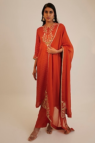 Rust Silk Embroidered Straight Kurta Set by Sheela Suthar