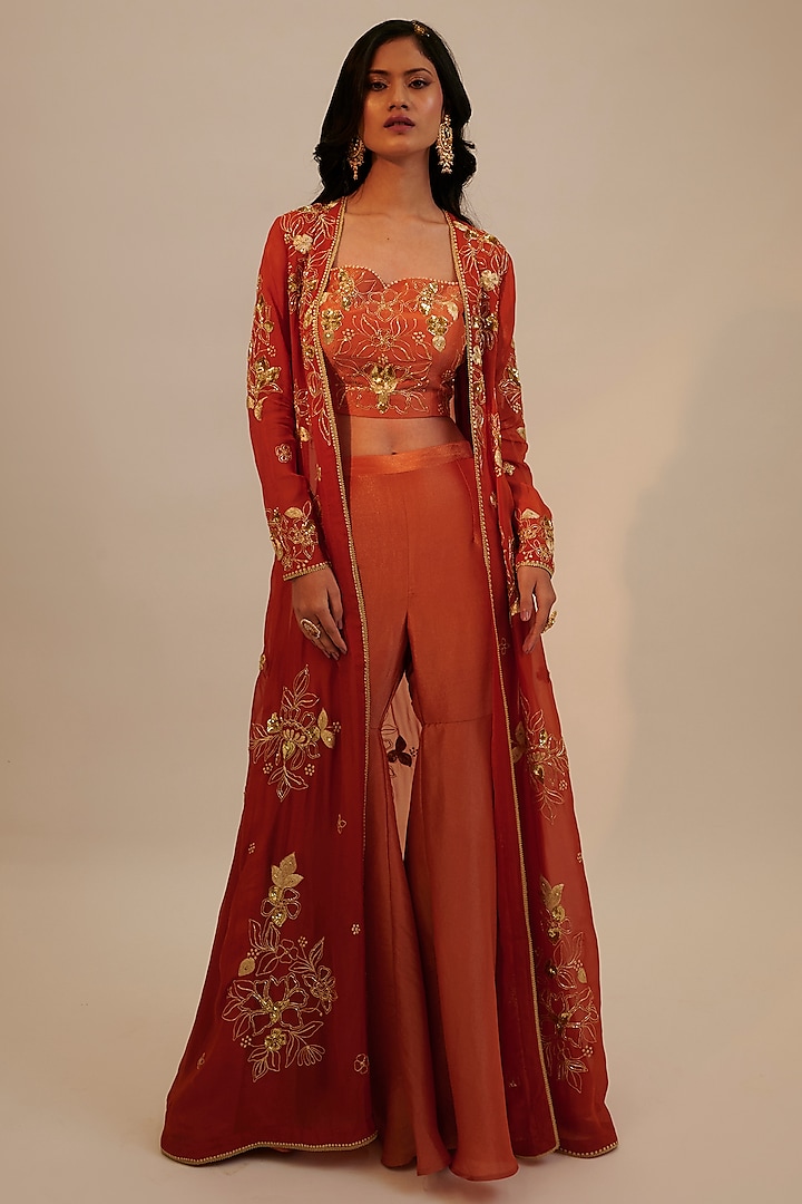 Rust Organza Embroidered Jacket Set by Sheela Suthar Pret|Couture