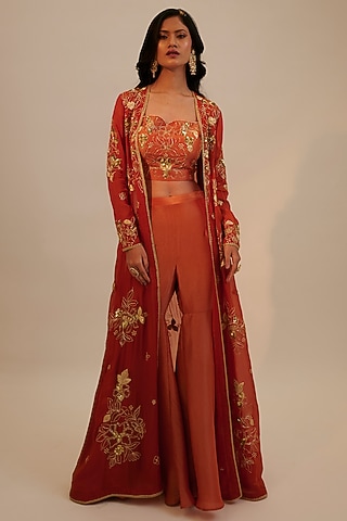 Rust Organza Embroidered Jacket Set by Sheela Suthar