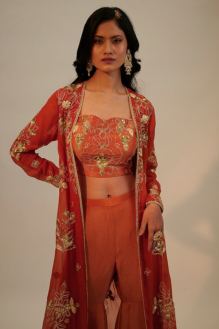 Rust Organza Embroidered Jacket Set by Sheela Suthar at Pernia's Pop Up Shop