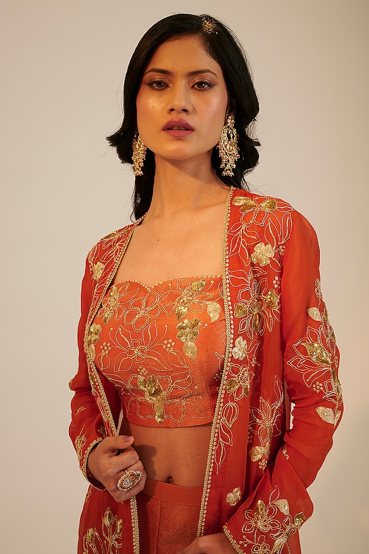 Rust Organza Embroidered Jacket Set by Sheela Suthar at Pernia's Pop Up Shop