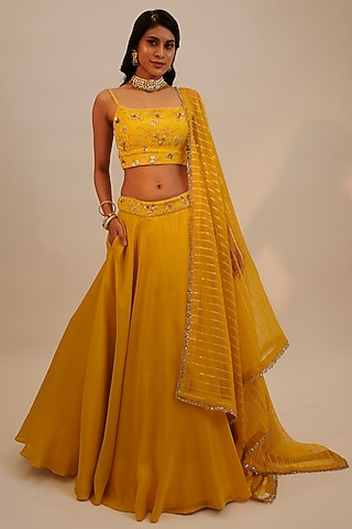 Yellow Tissue Georgette & Silk Embroidered Lehenga Set by Sheela Suthar