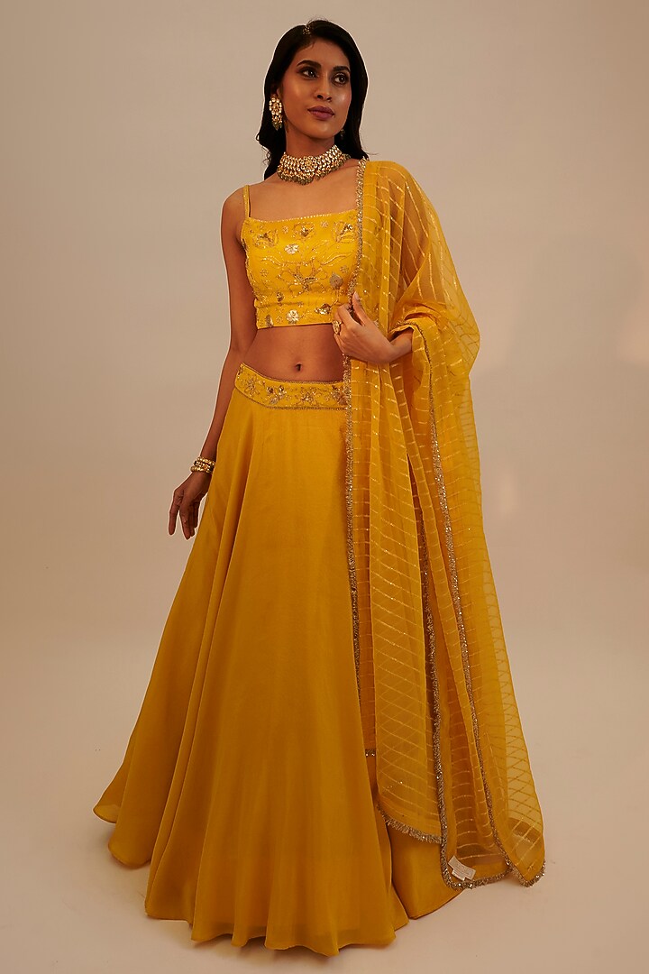 Yellow Tissue Georgette & Silk Embroidered Wedding Lehenga Set by Sheela Suthar at Pernia's Pop Up Shop