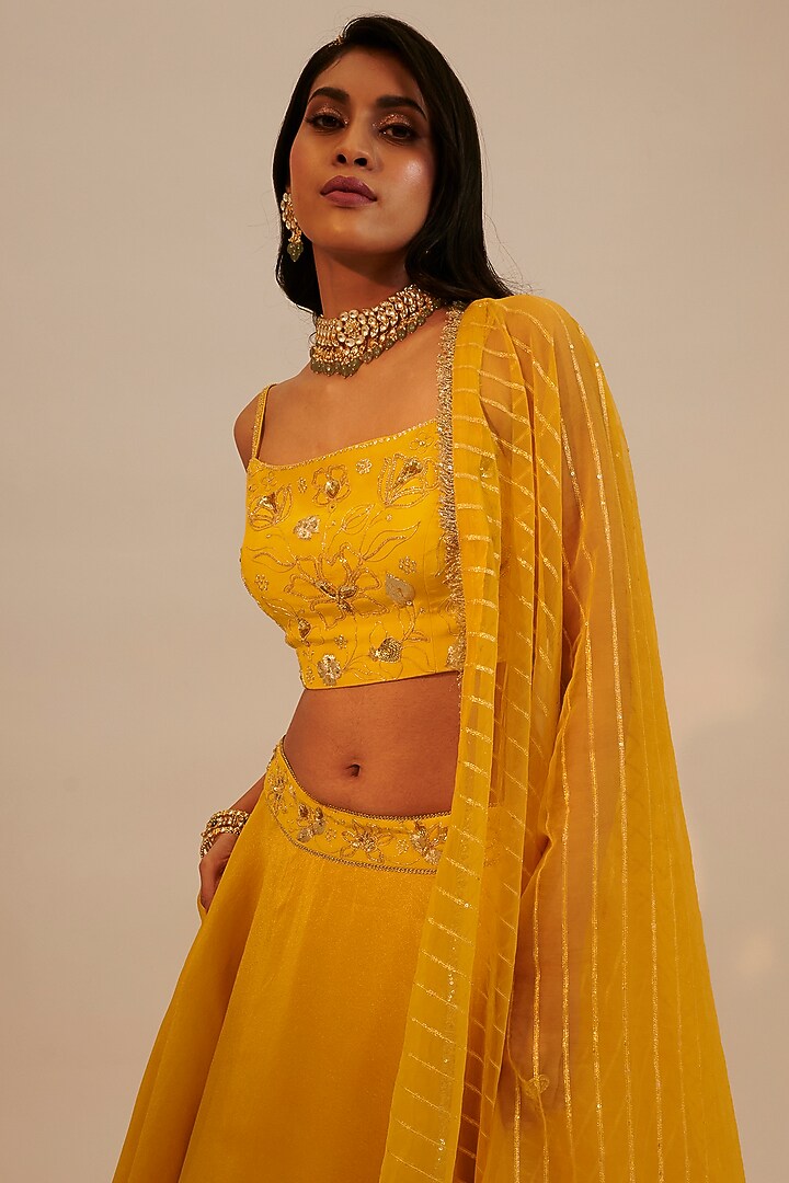 Yellow Tissue Georgette & Silk Embroidered Wedding Lehenga Set by Sheela Suthar at Pernia's Pop Up Shop