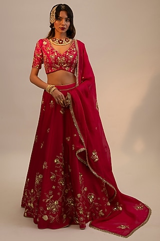 Pink Silk Embroidered Lehenga Set by Sheela Suthar