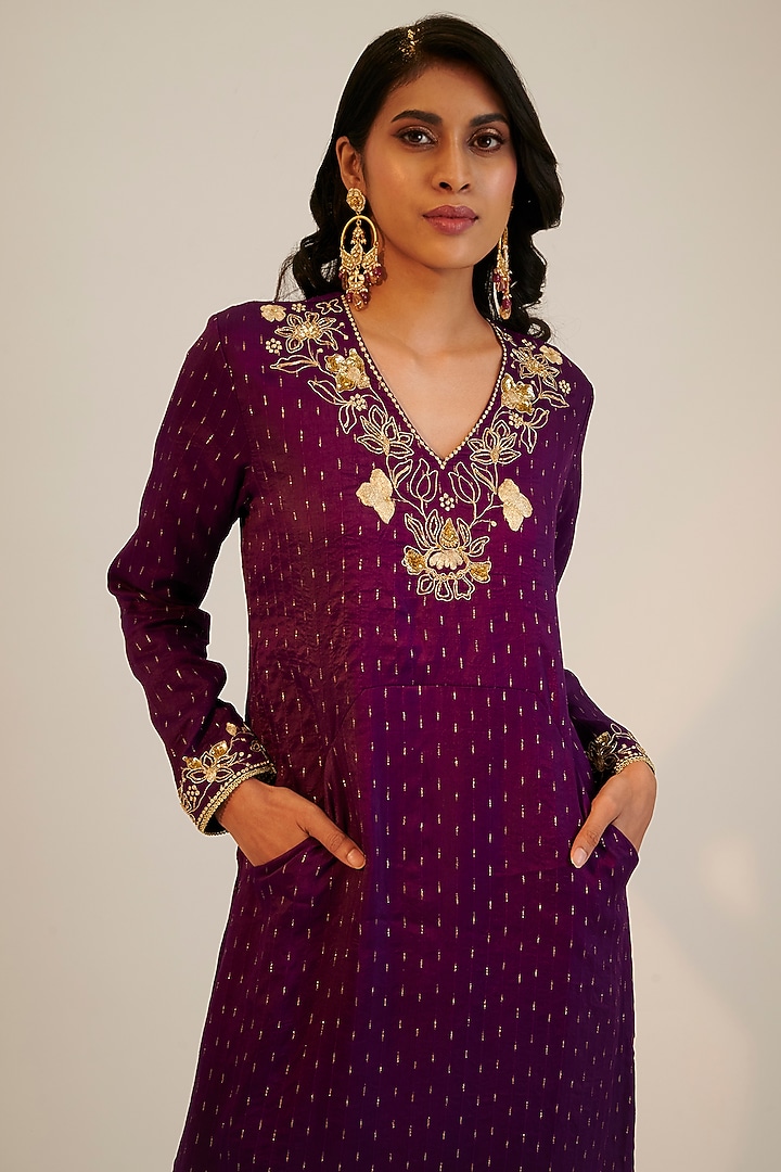 Purple Silk Embroidered Tunic by Sheela Suthar at Pernia's Pop Up Shop