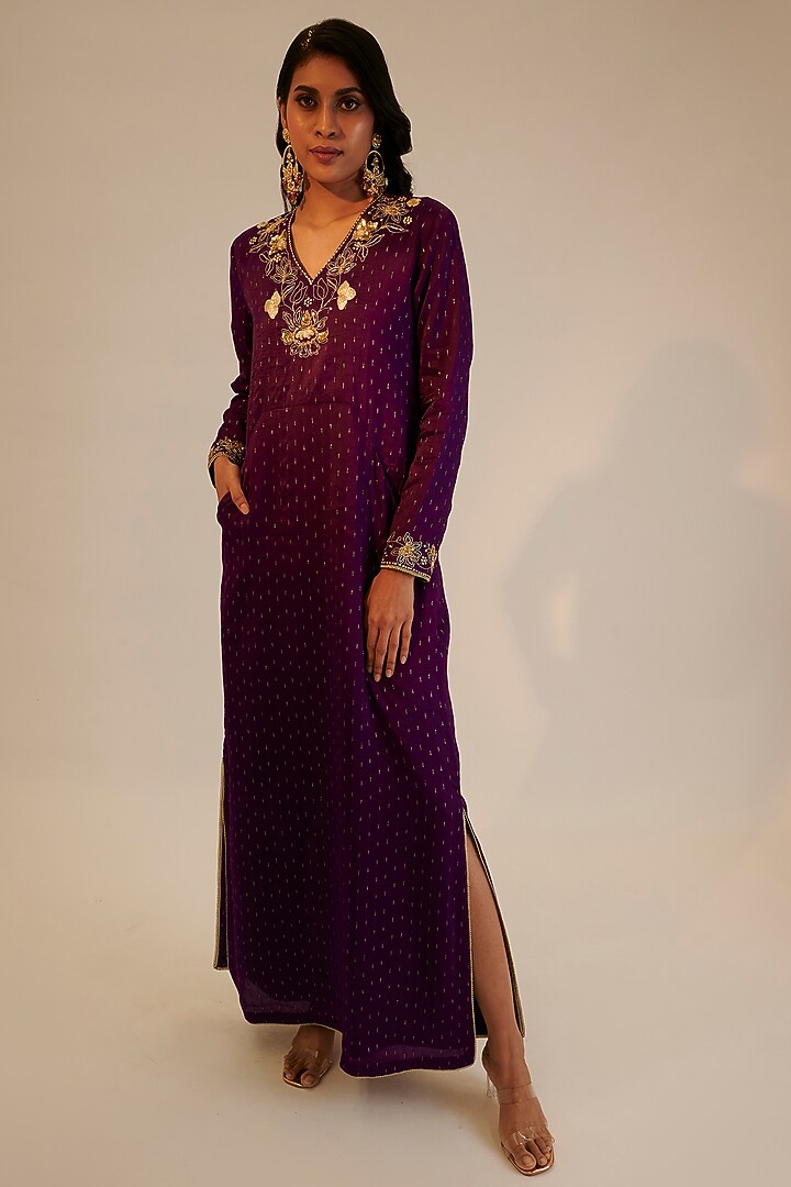 Purple Silk Embroidered Tunic by Sheela Suthar at Pernia's Pop Up Shop