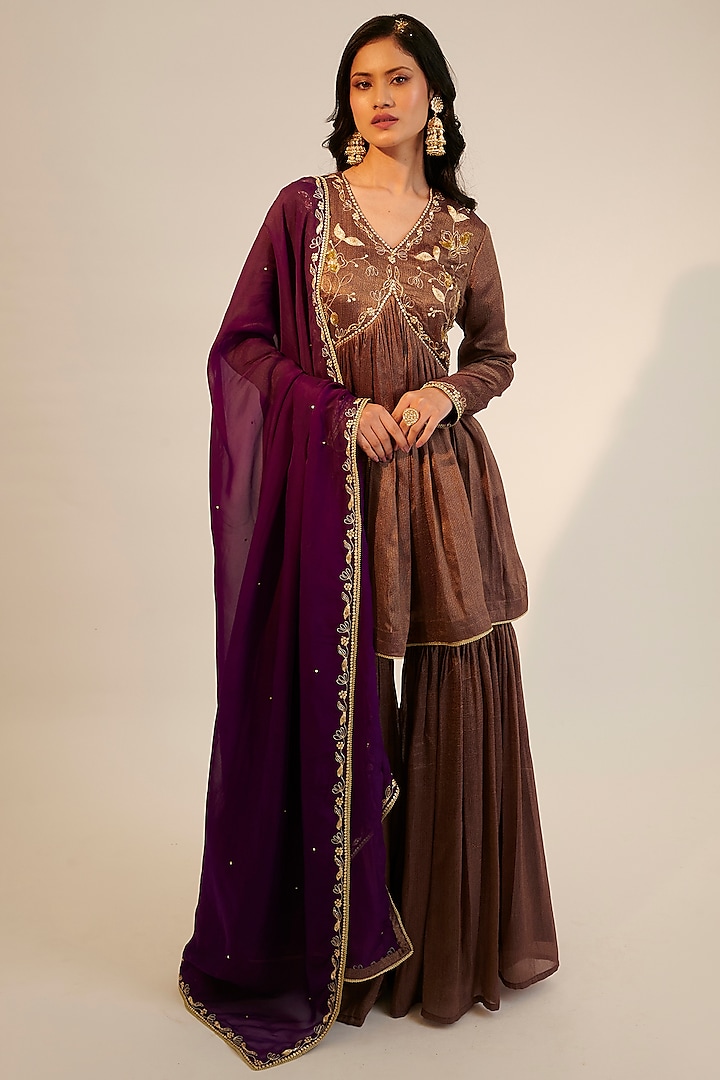 Purple Tissue Georgette Embroidered Gharara Set by Sheela Suthar Pret|Couture
