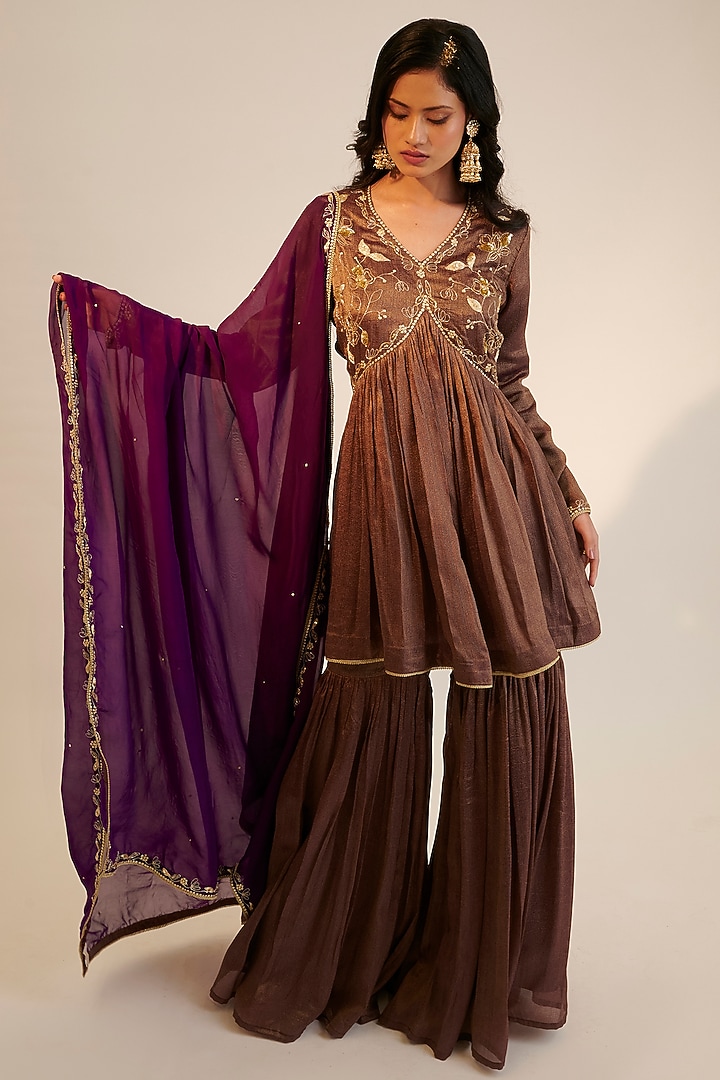 Purple Tissue Georgette Embroidered Gharara Set by Sheela Suthar at Pernia's Pop Up Shop