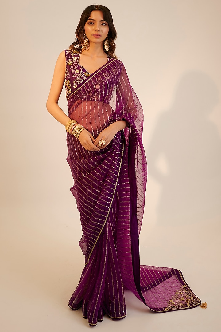 Purple Organza Embroidered Saree Set by Sheela Suthar Pret|Couture