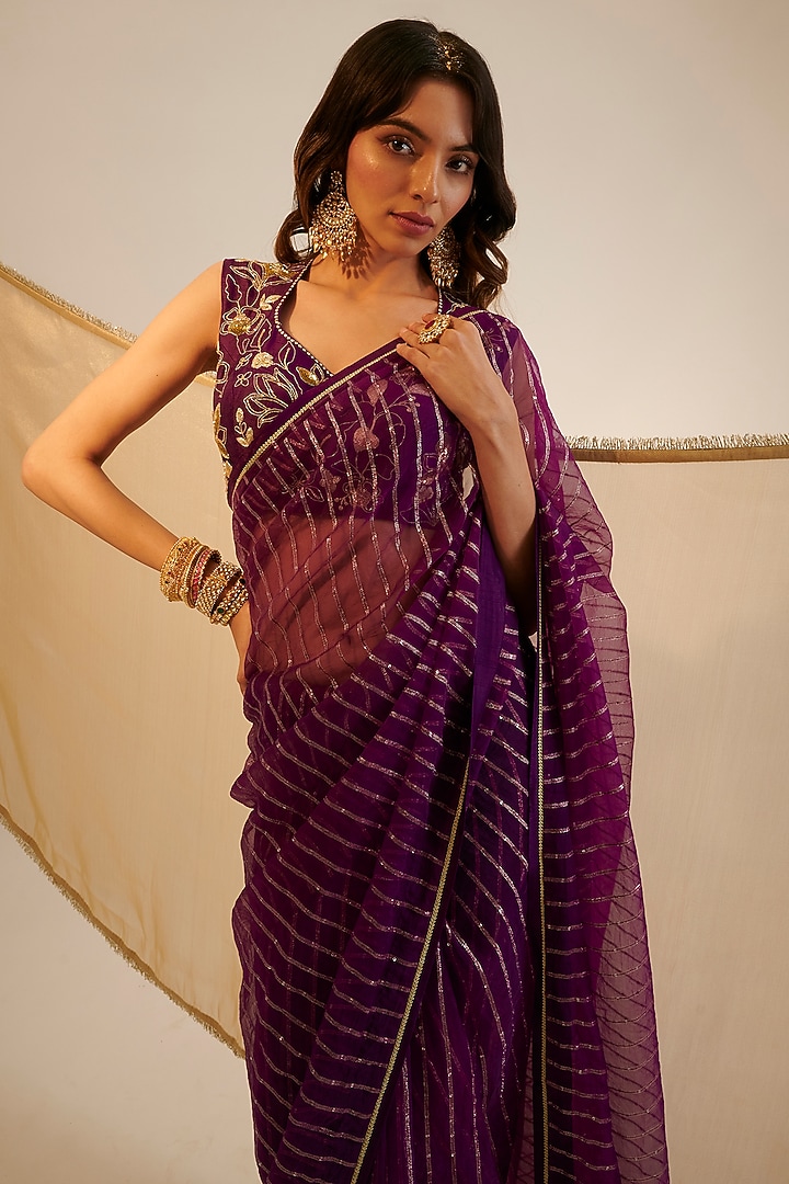 Purple Organza Embroidered Wedding Saree Set by Sheela Suthar at Pernia's Pop Up Shop