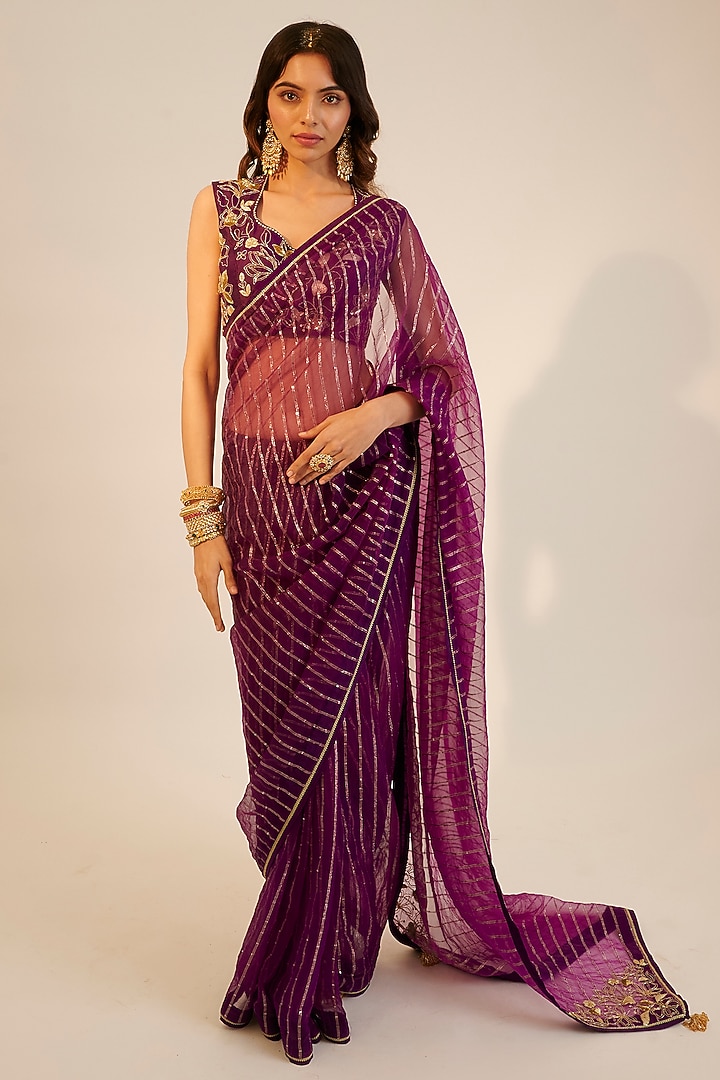 Purple Organza Embroidered Wedding Saree Set by Sheela Suthar at Pernia's Pop Up Shop