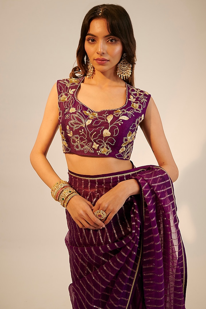 Purple Organza Embroidered Wedding Saree Set by Sheela Suthar at Pernia's Pop Up Shop