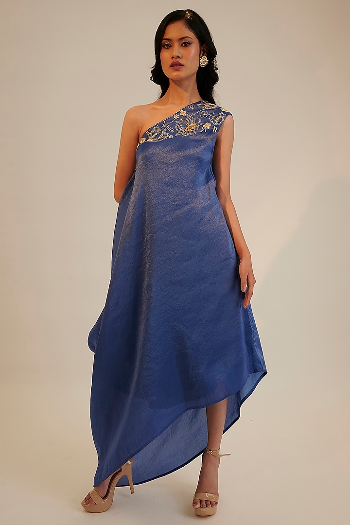 Electric Blue Tissue Georgette Embroidered Tunic by Sheela Suthar Pret|Couture