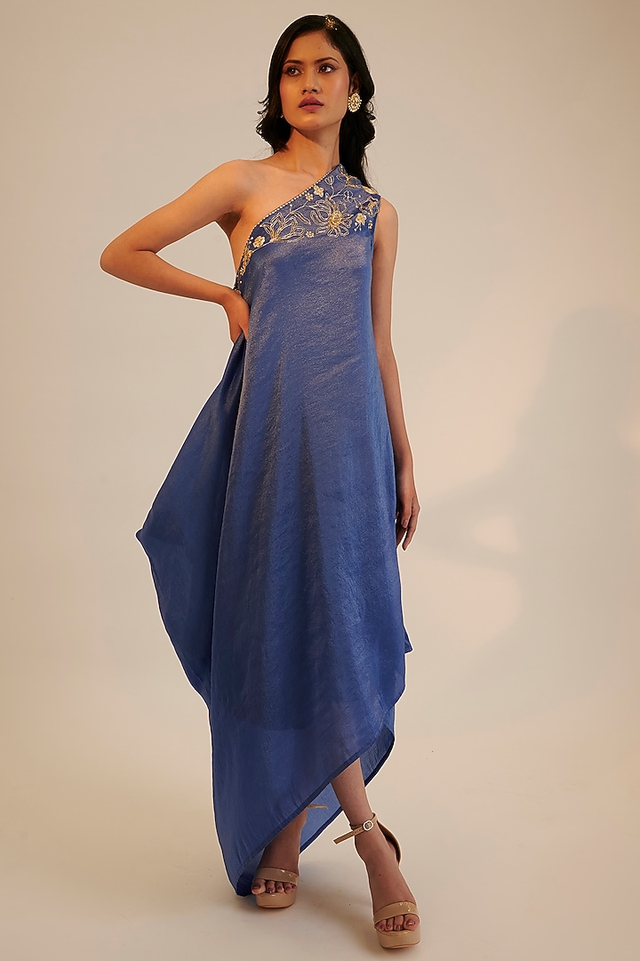 Electric Blue Tissue Georgette Embroidered Tunic by Sheela Suthar at Pernia's Pop Up Shop