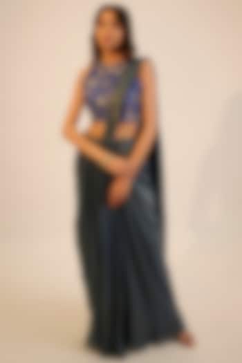 Electric Blue Tissue Georgette Pre-Draped Saree Set by Sheela Suthar Pret|Couture