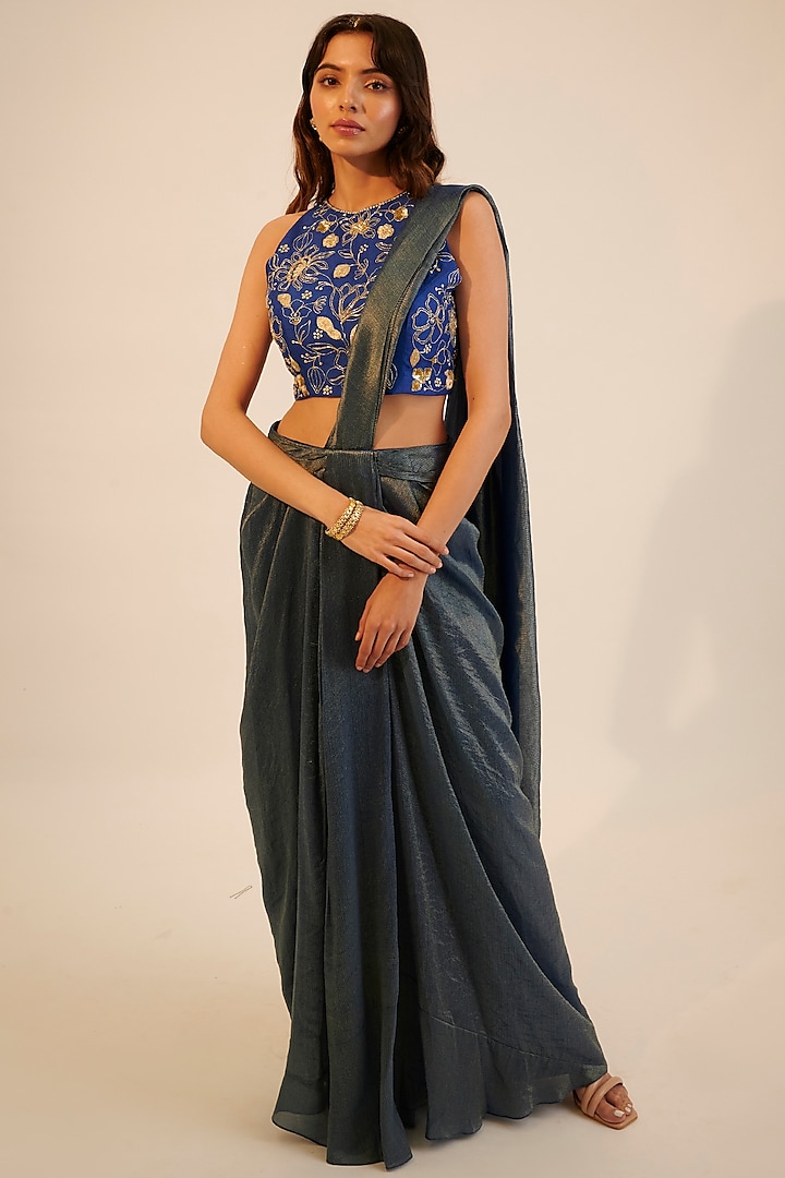 Electric Blue Tissue Georgette Pre-Draped Saree Set by Sheela Suthar Pret|Couture