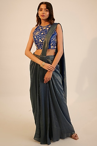 Electric Blue Tissue Georgette Pre-Draped Saree Set by Sheela Suthar