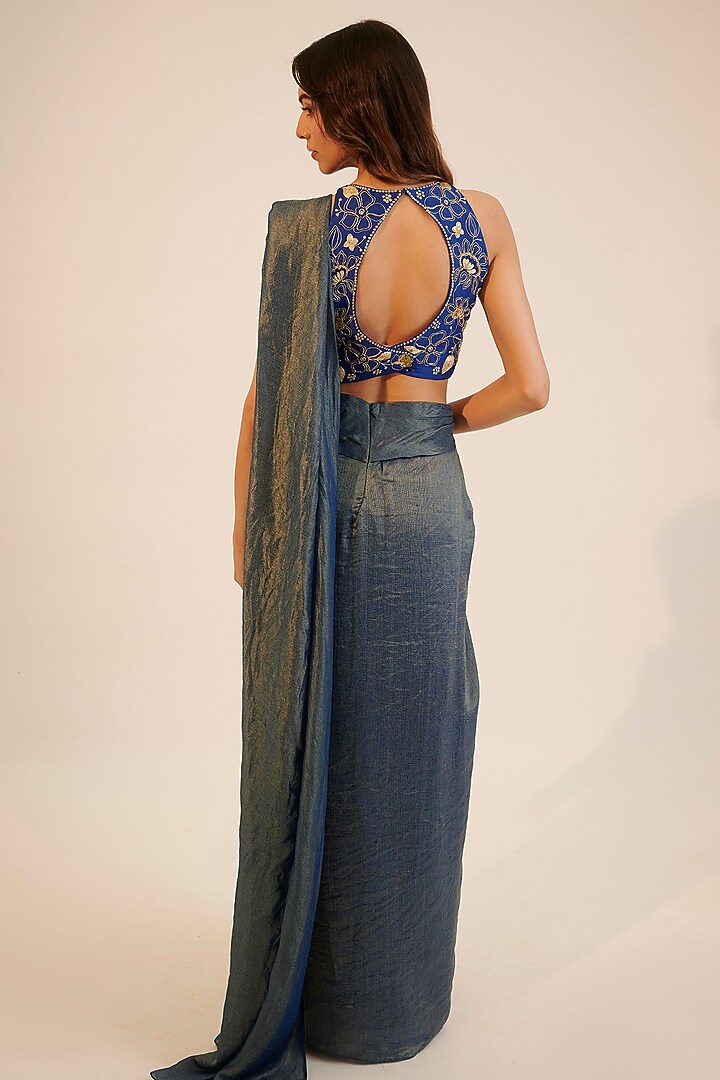 Electric Blue Tissue Georgette Pre-Draped Wedding Saree Set by Sheela Suthar at Pernia's Pop Up Shop