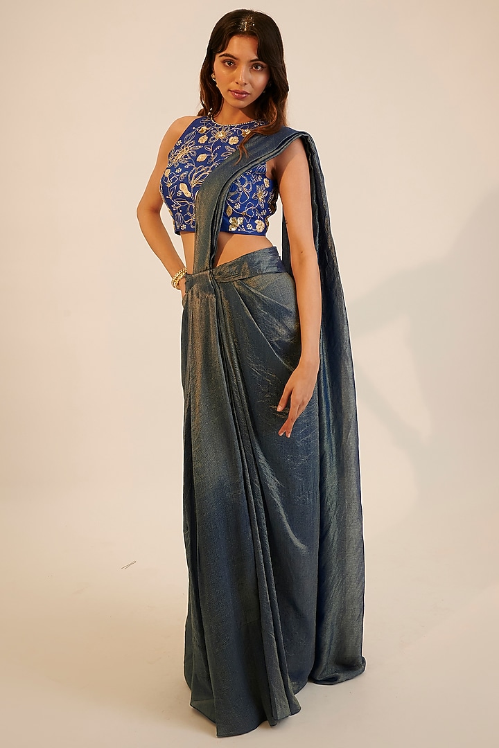 Electric Blue Tissue Georgette Pre-Draped Wedding Saree Set by Sheela Suthar at Pernia's Pop Up Shop