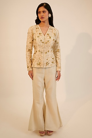 Ivory Silk Tissue Embroidered Co-Ord Set by Sheela Suthar
