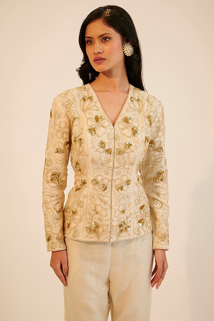 Ivory Silk Tissue Embroidered Co-Ord Set by Sheela Suthar at Pernia's Pop Up Shop