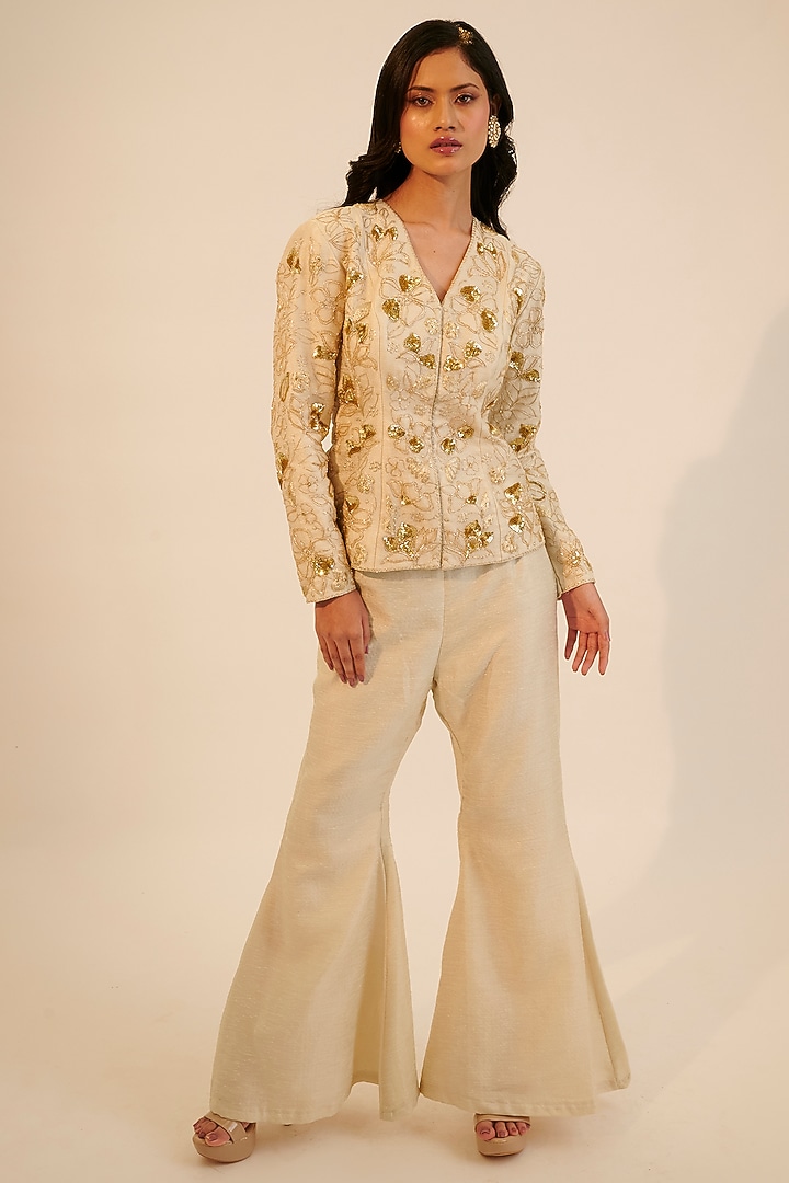Ivory Silk Tissue Embroidered Co-Ord Set by Sheela Suthar at Pernia's Pop Up Shop