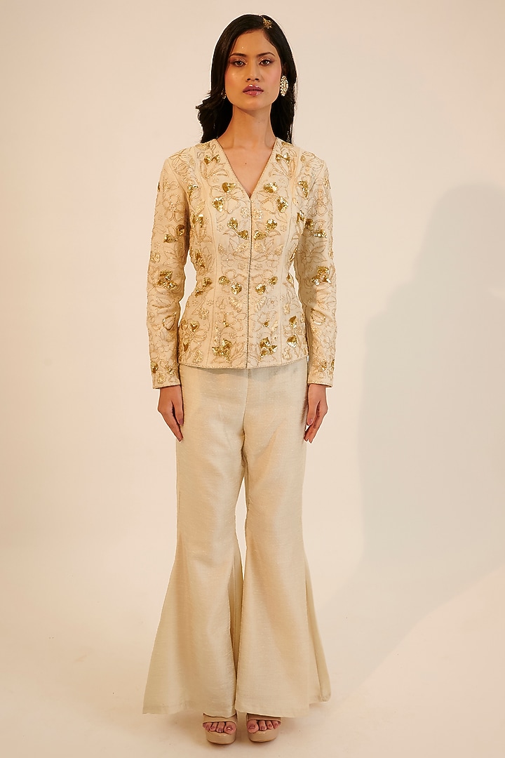 Ivory Silk Tissue Embroidered Co-Ord Set by Sheela Suthar at Pernia's Pop Up Shop
