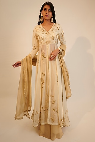 Ivory Organza Embroidered Anarkali Set by Sheela Suthar
