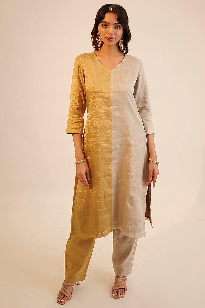 Gold & Silver Zari Tissue Kurta Set by Sheela Suthar Pret|Couture