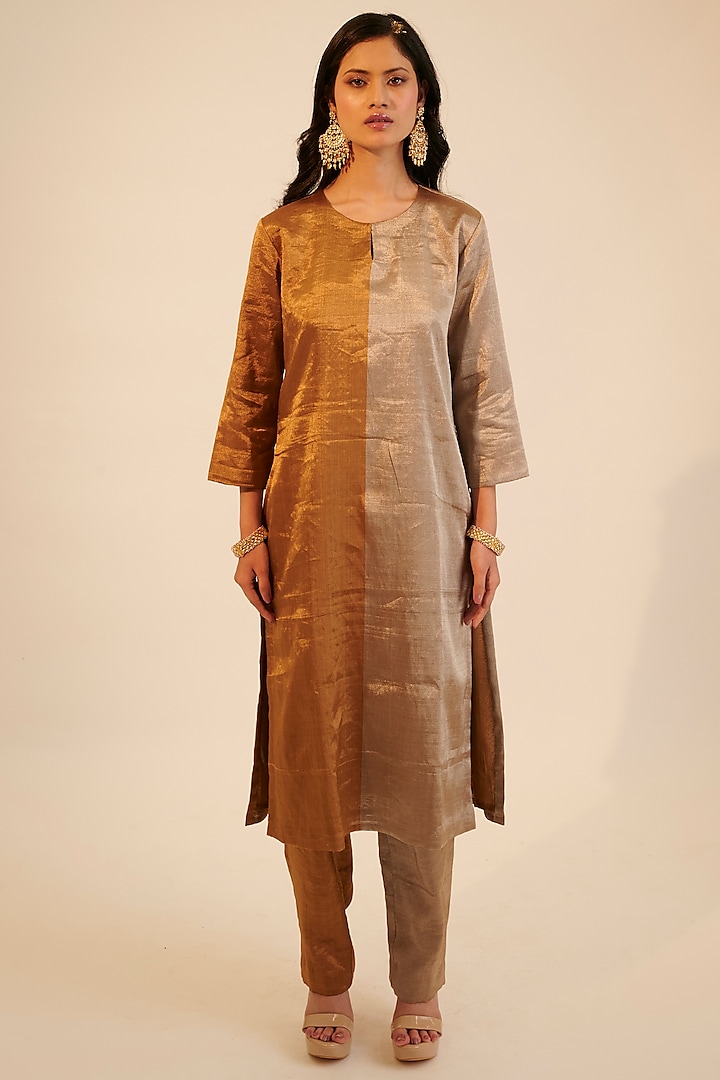 Dark Gold & Silver Zari Tissue Kurta Set by Sheela Suthar Pret|Couture