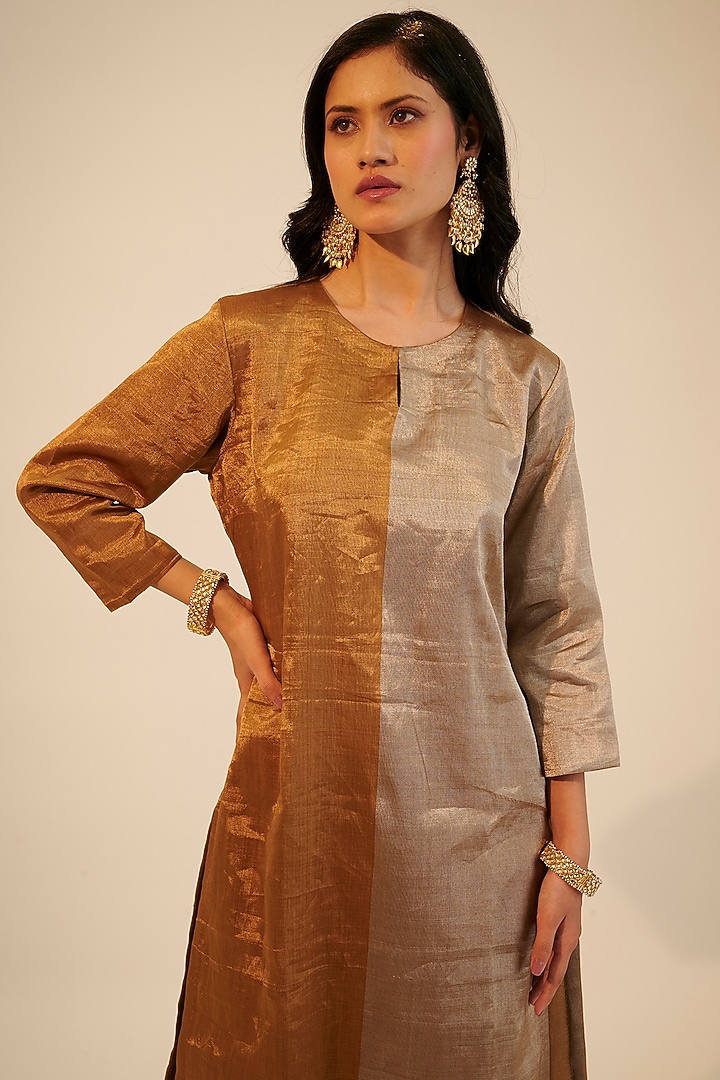 Dark Gold & Silver Zari Tissue Kurta Set by Sheela Suthar at Pernia's Pop Up Shop