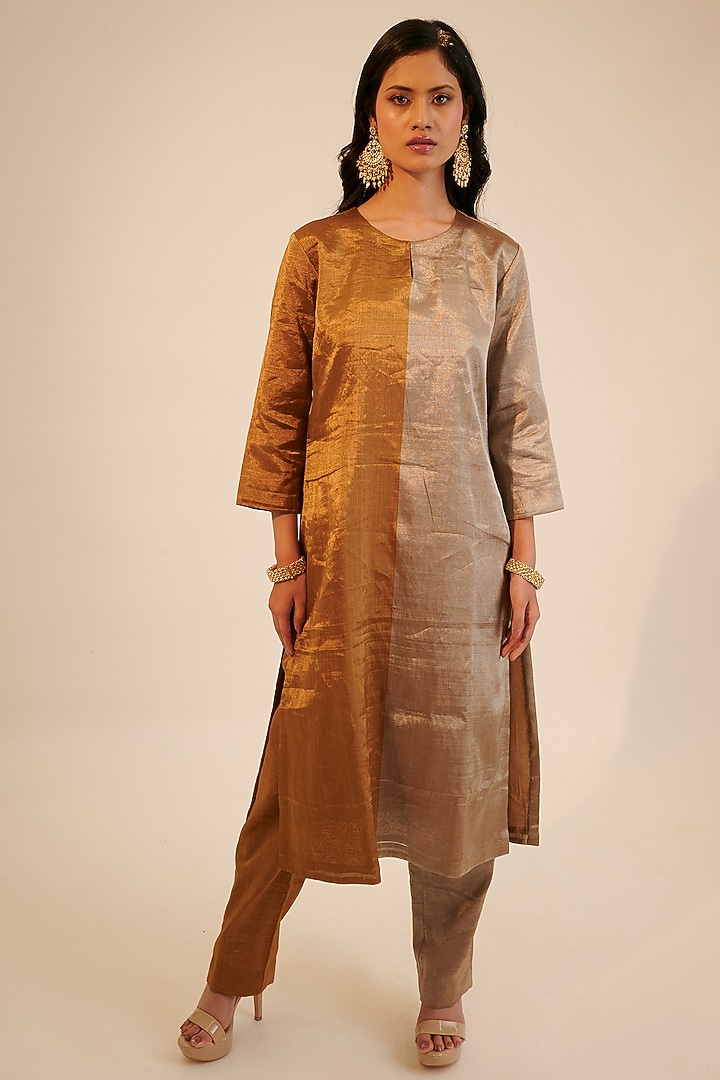 Dark Gold & Silver Zari Tissue Kurta Set by Sheela Suthar at Pernia's Pop Up Shop